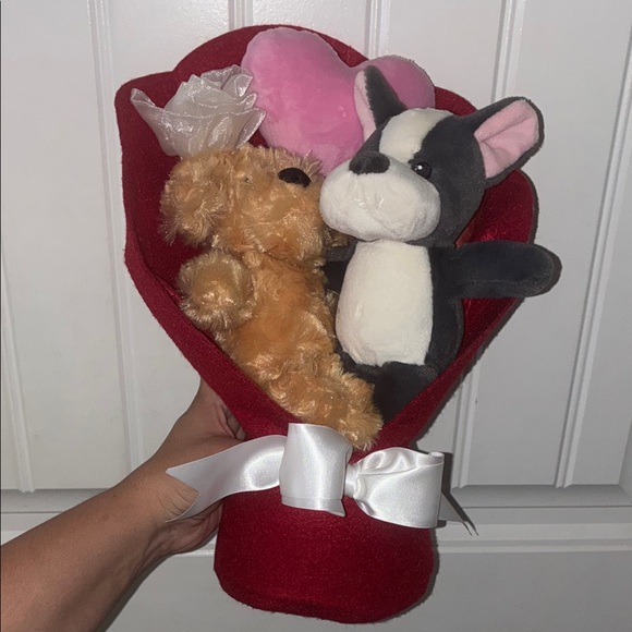Other - Plush Dog Toy Bouquet - Red Heart with Pink and Brown Plushes